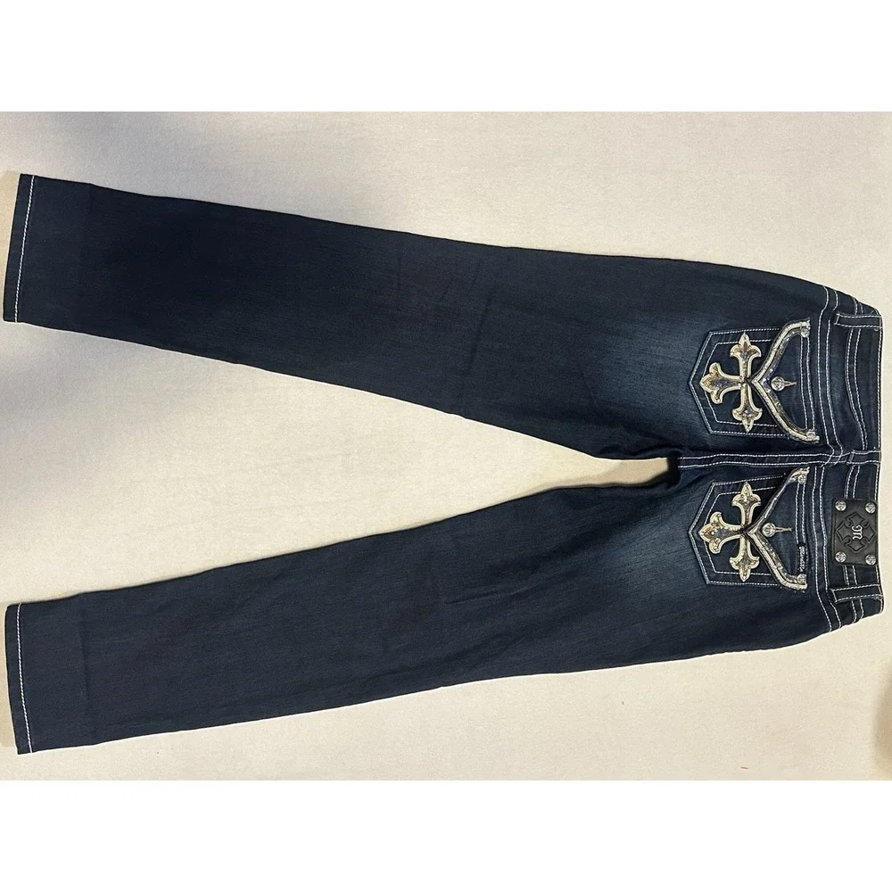 MISS ME Signature Sequin Cross Low Rise Rhinestone Flap Skinny Jeans‎ SZ 30